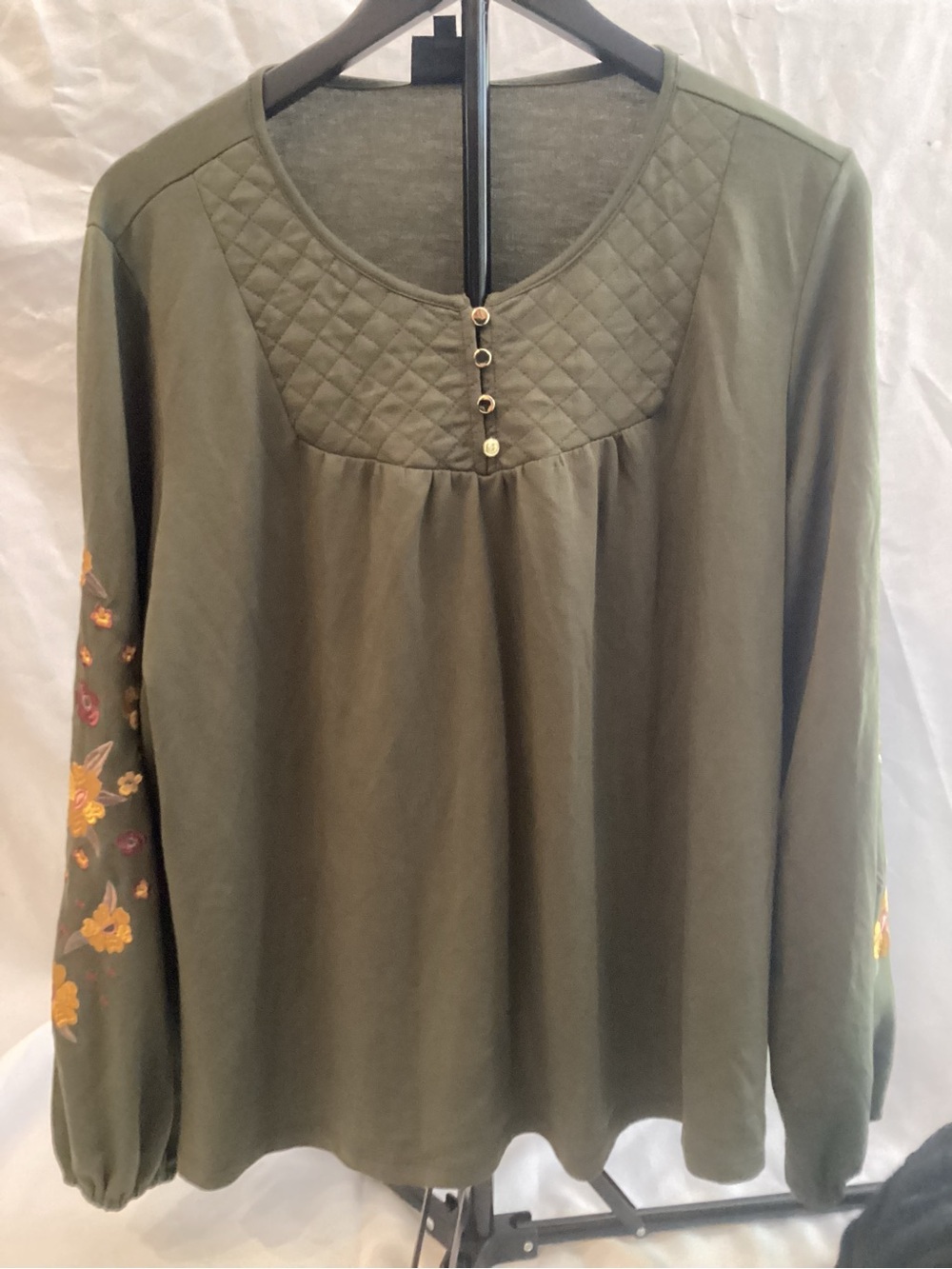 Wallpapher Olive Green Quilted Yoke Long Sleeve Top with Embroidered Sleeves